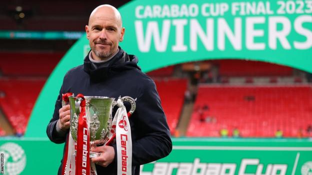Manchester United manager Erik ten Hag with the Carabao Cup trophy