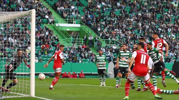 William Saliba heads Arsenal into the lead in their Europa League last 16 first leg tie at Sporting Lisbon