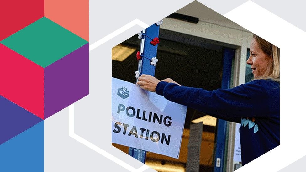Woman pins up polling station sign