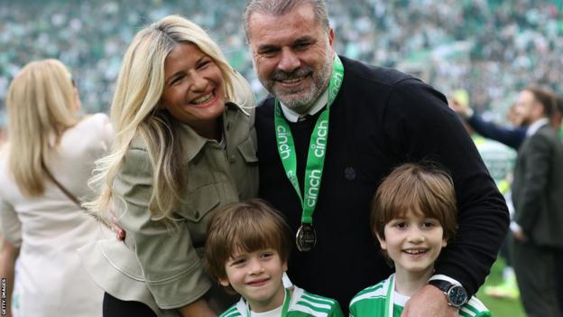 Ange Postecoglou with wife Georgia and his two sons