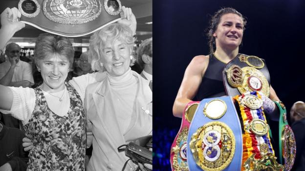 Deirdre Gogarty with her world title beside a picture of Katie Taylor with her world titles