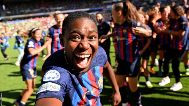 Asisat Oshoala celebrates after Barcelona win the 2023 Women's Champions League final