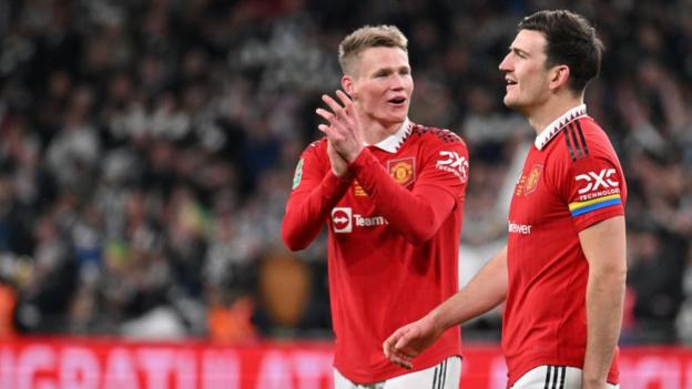 Scott McTominay and Harry Maguire on the pitch during the Carabao Cup final at Wembley Stadium