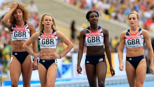 Ashleigh Nelson, Hayley Mills, Dina Asher-Smith and Annabelle Lewis react on track, believing they have finished fourth in the 2013 World Championship final