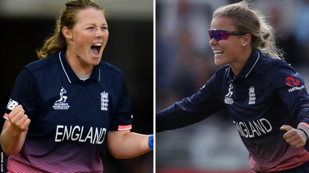 A split picture of Anya Shrubsole and Alex Hartley playing in the 2017 World Cup final
