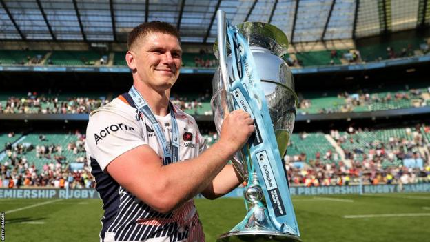 Owen Farrell holds the Premiership trophy after the 2023 final at Twickenham