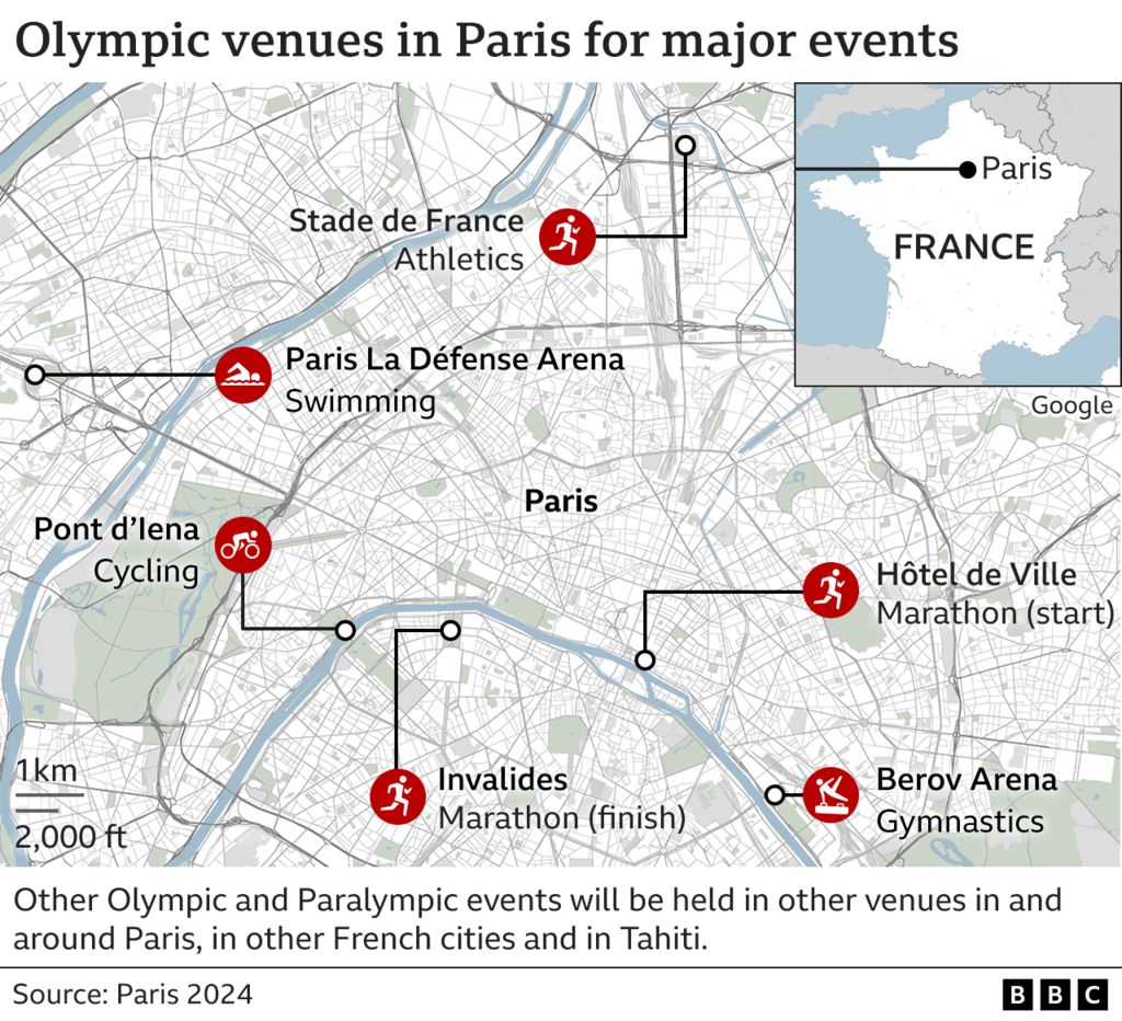 Map showing major Olympic events in the Paris