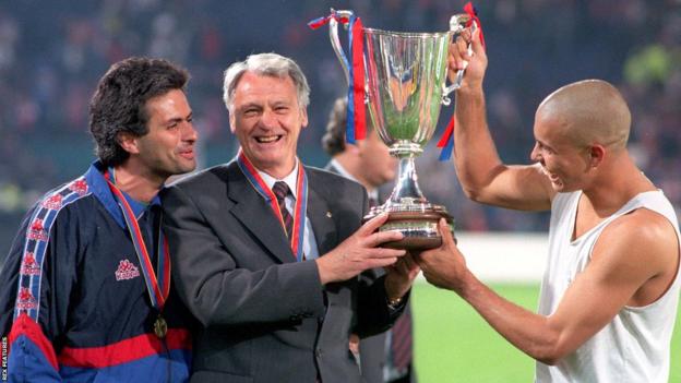 Jose Mourinho with Bobby Robson and Ronaldo after winning the European Cup Winners Cup in 1997