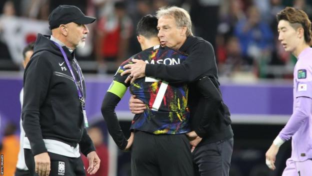 South Korea manager Jurgen Klinsmann and captain Son Heung-min after their shock defeat by Jordan